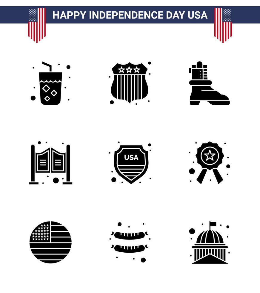 Set of 9 Vector Solid Glyphs on 4th July USA Independence Day such as usa shield boot security saloon Editable USA Day Vector Design Elements