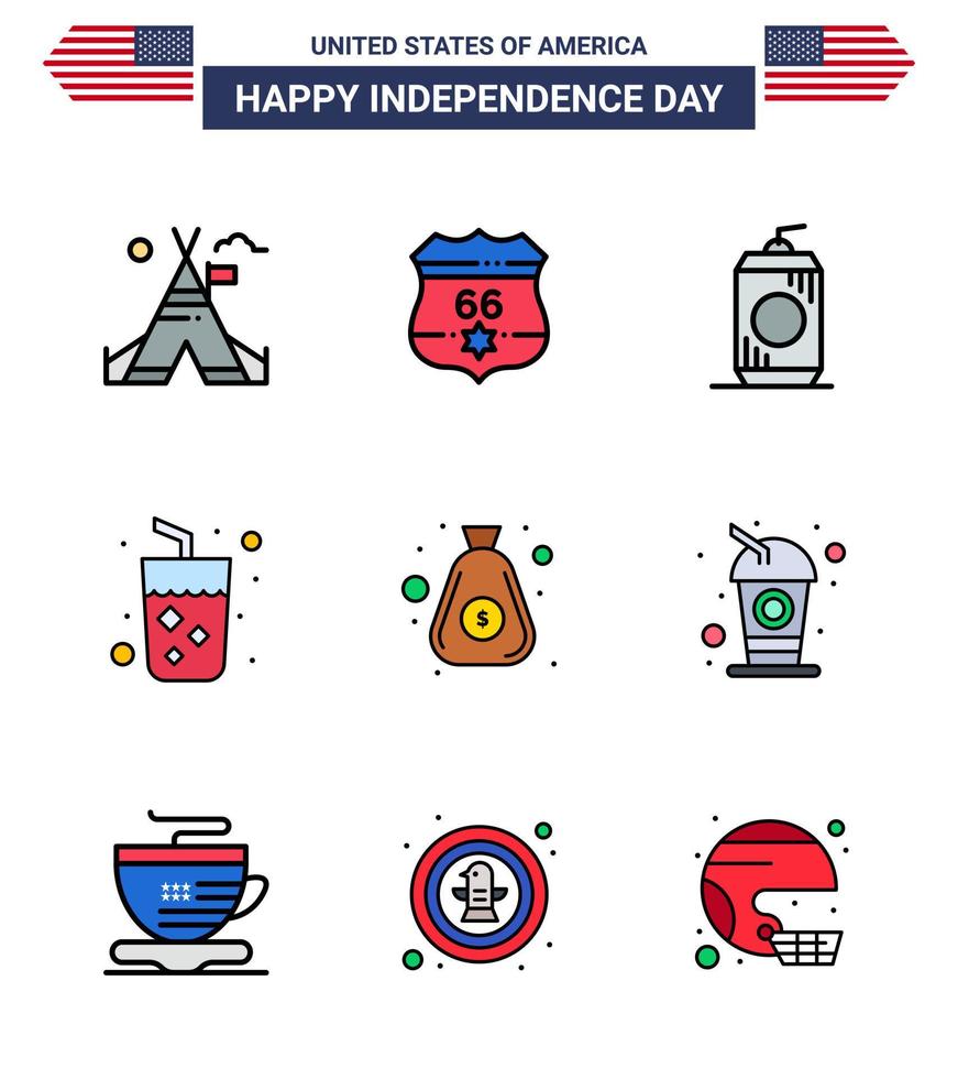 Pack of 9 USA Independence Day Celebration Flat Filled Lines Signs and 4th July Symbols such as money wine bottle juice alcohol Editable USA Day Vector Design Elements