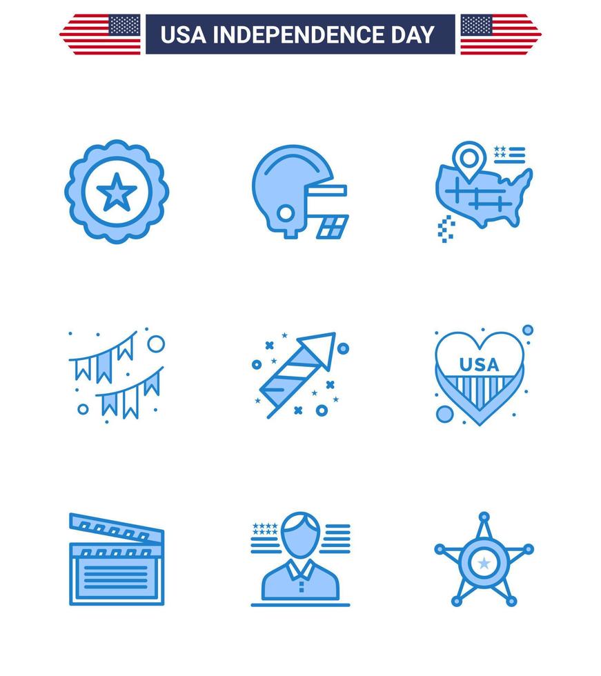 4th July USA Happy Independence Day Icon Symbols Group of 9 Modern Blues of fireworks celebration map garland decoration Editable USA Day Vector Design Elements