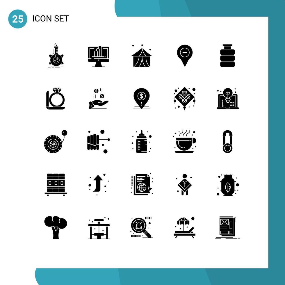 Pack of 25 Modern Solid Glyphs Signs and Symbols for Web Print Media such as minus navigation graph map tent Editable Vector Design Elements