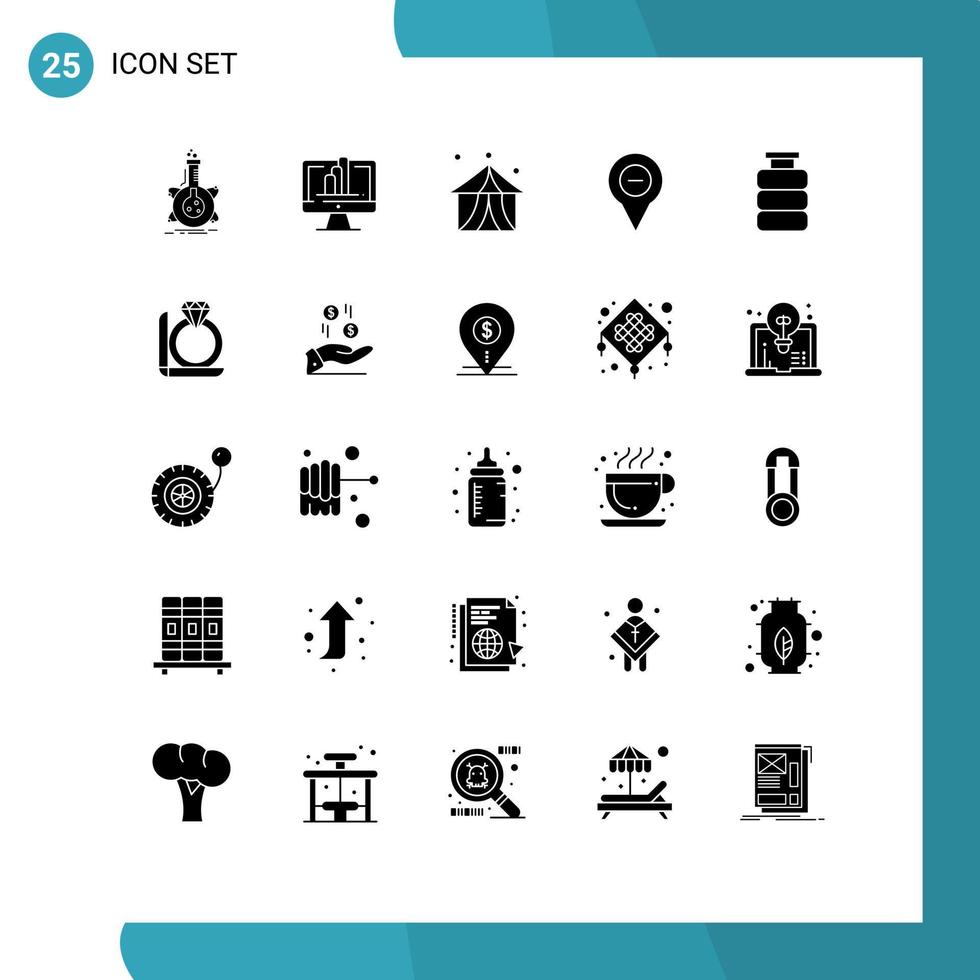 paquete de 25 signos y símbolos de glifos sólidos modernos para medios de impresión web, como elementos de diseño de vectores editables de tienda de mapa gráfico de navegación negativa