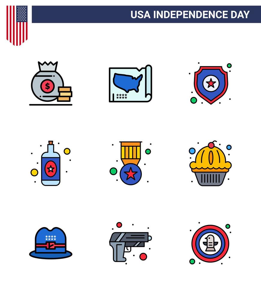 Pack of 9 USA Independence Day Celebration Flat Filled Lines Signs and 4th July Symbols such as medal award shield wine alcohol Editable USA Day Vector Design Elements