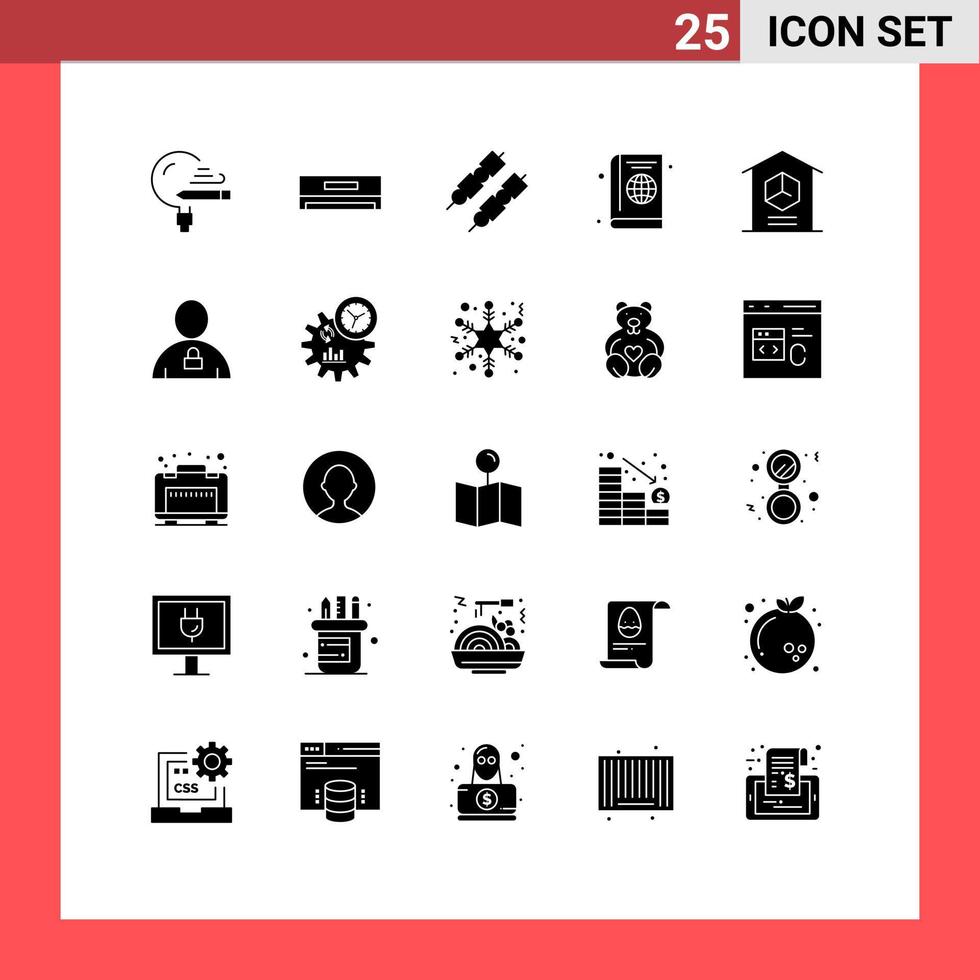 Mobile Interface Solid Glyph Set of 25 Pictograms of delivery globe technology cover passport Editable Vector Design Elements