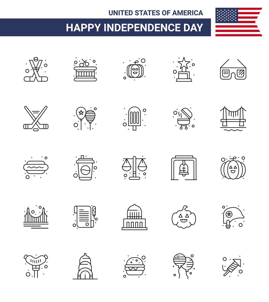 paquete de 25 líneas de celebración del día de la independencia de EE. UU. Signos y símbolos del 4 de julio, como gafas de EE. UU. vector
