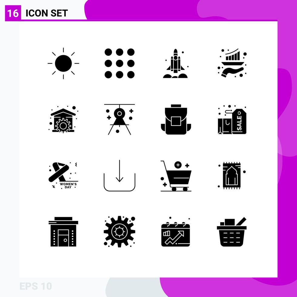 Group of 16 Modern Solid Glyphs Set for repair house transport report growth Editable Vector Design Elements