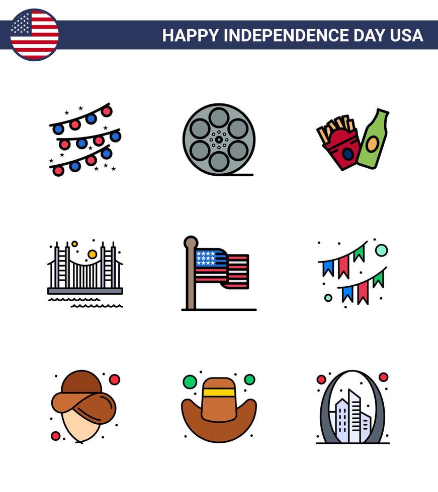 conjunto moderno de 9 líneas planas rellenas y símbolos en el día de la independencia de estados unidos, como la bandera de estados unidos frise turismo elementos de diseño vectorial editables dorados del día de estados unidos vector