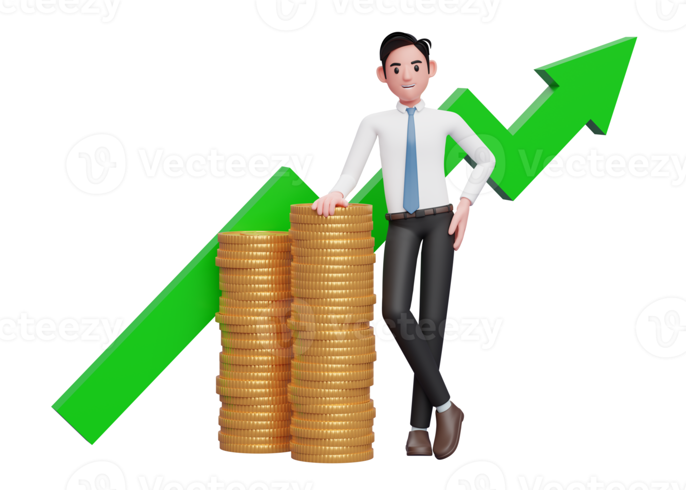 businessman in white shirt blue tie leaning on pile of gold coins with growing statistics ornament on the back png