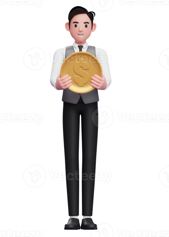Smart Boy in grauer Weste mit Münze, 3D-Darstellung eines Geschäftsmannes in grauer Weste mit Dollarmünze png
