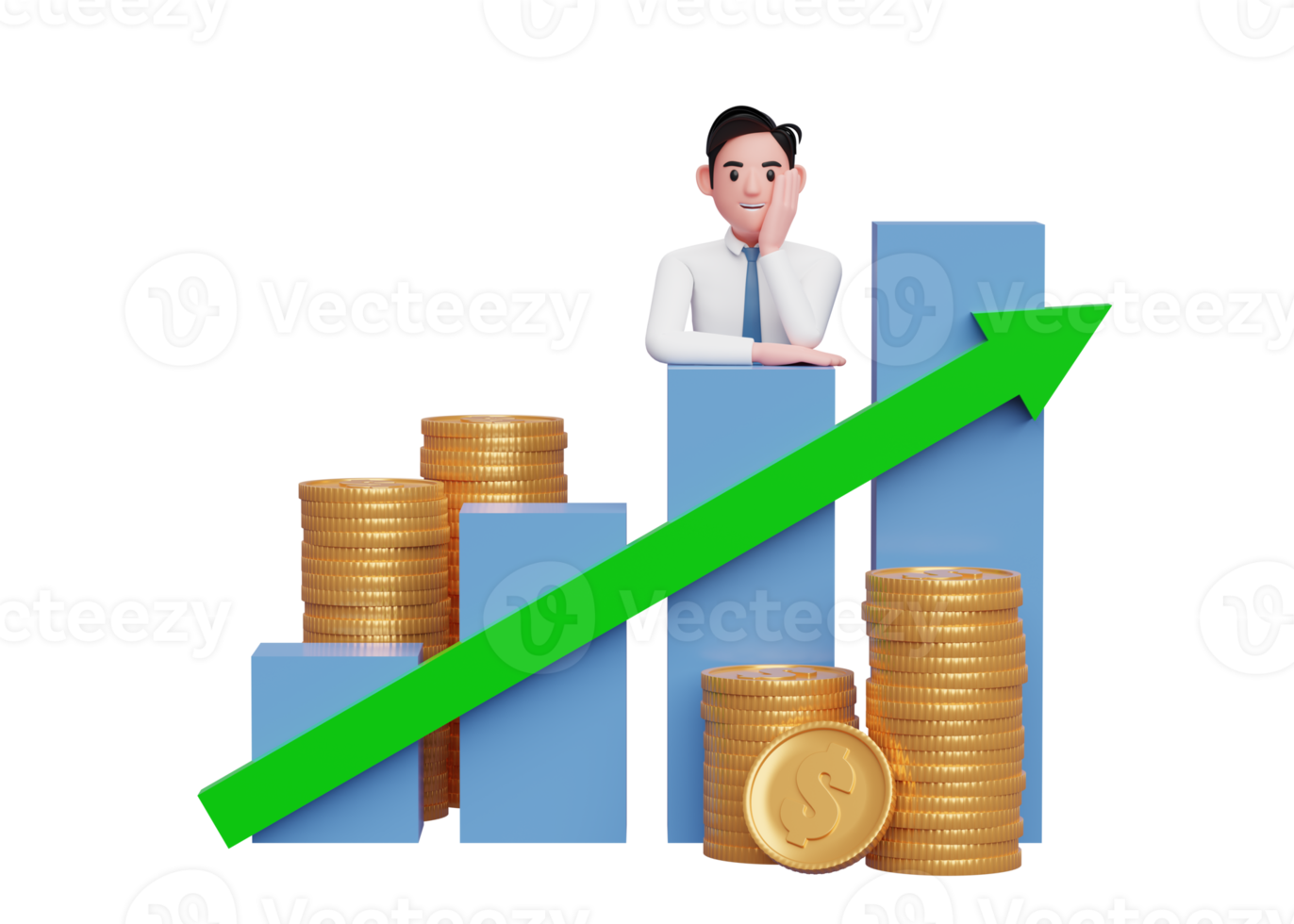 3d businessman in white shirt blue tie putting her chin in hand while leaning on bar chart Stock growth with up graph statistics arrow png