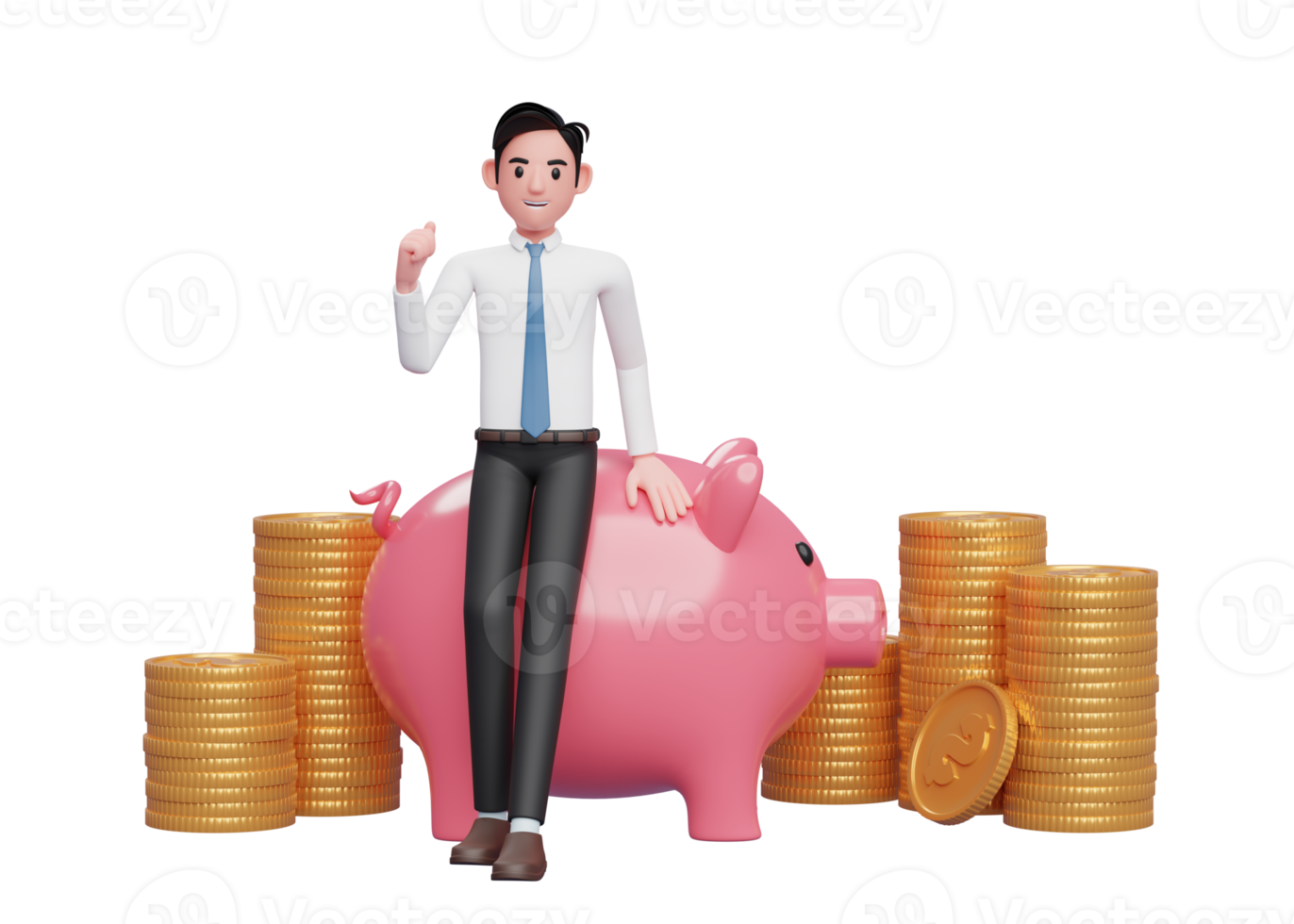 businessman sitting leaning on pink pig piggy bank celebrating clenching hands, 3d rendering of business investment concept png