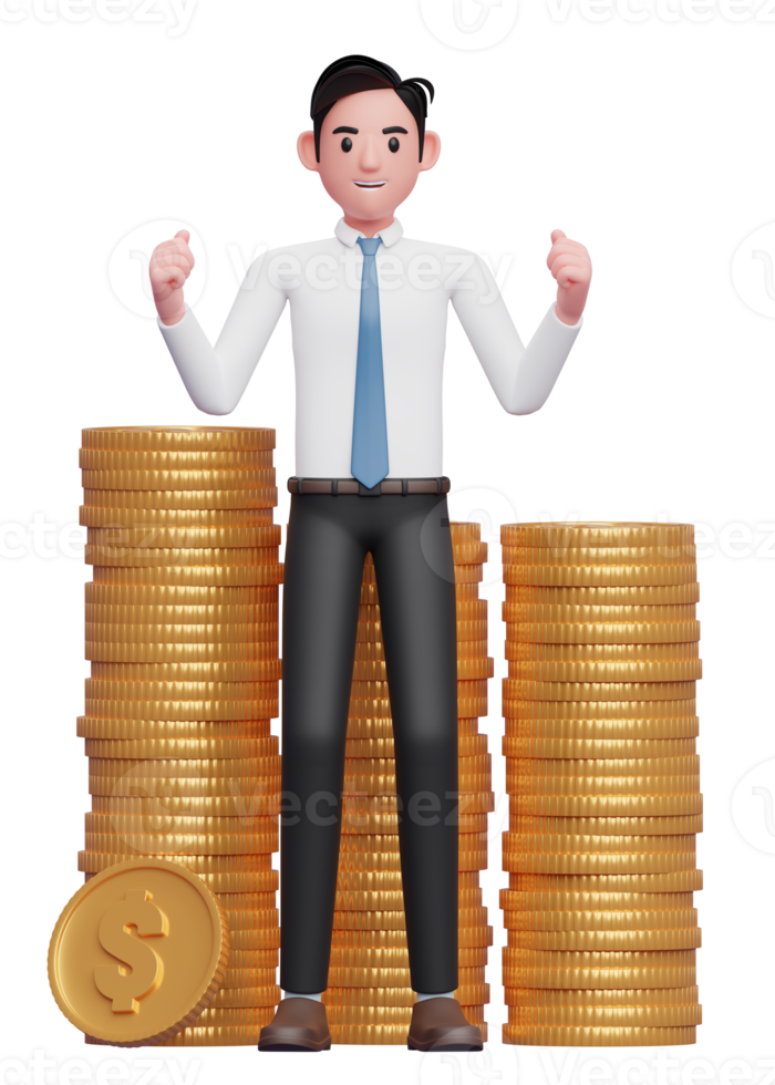 Happy businessman in white shirt blue tie getting lots of piles of gold coins, 3d illustration of a businessman in white shirt holding dollar coin png