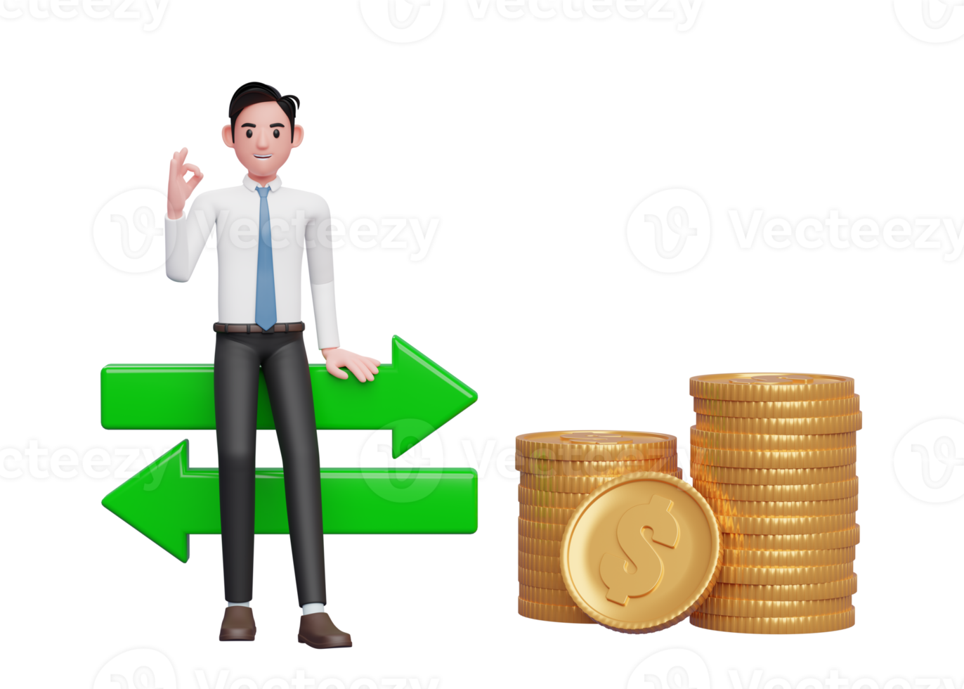 businessman in white shirt blue tie sitting on exchange rate icon with hand gesture ok finger, 3d rendering of business investment concept png