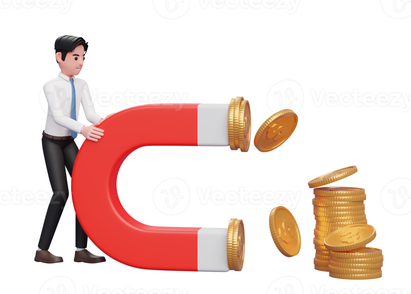 businessman Hold a Big Magnet To Attract Coins, 3d rendering of business investment concept png