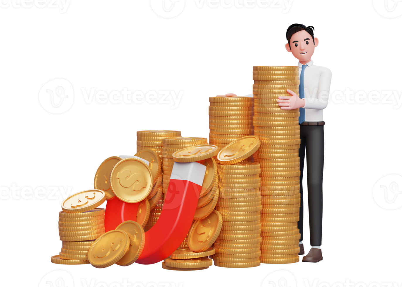 businessman in white shirt blue tie standing hugging pile of gold coins caught by magnet, 3d rendering of business investment concept png