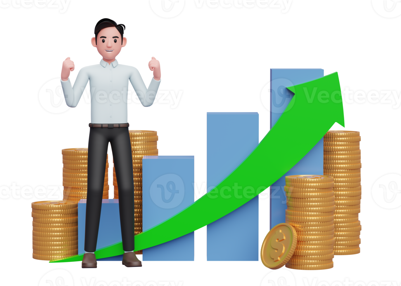 hombre de negocios con camisa azul celebrando con los puños apretados frente a un gráfico de barras de crecimiento positivo con adorno de monedas png