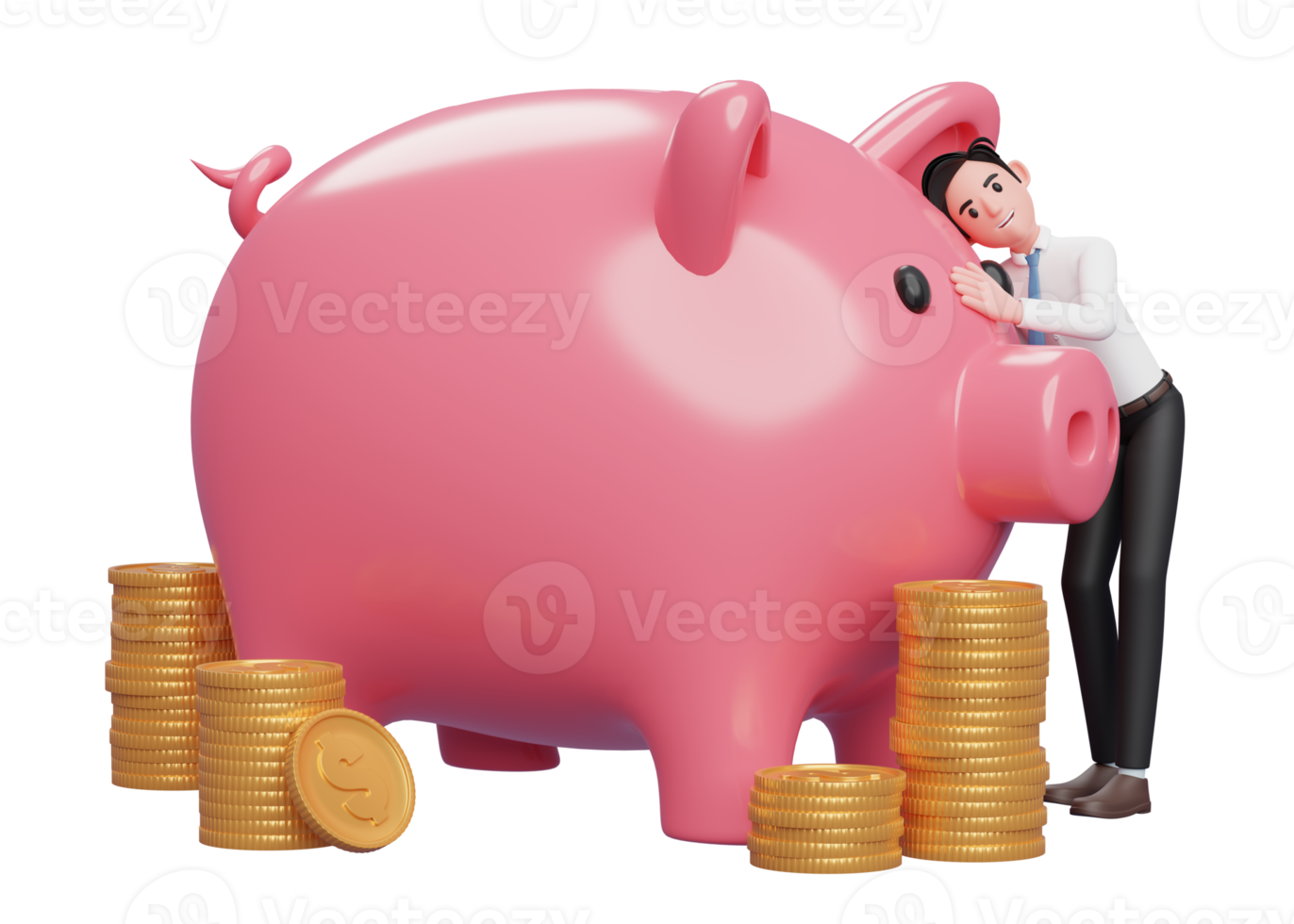 hombre de negocios feliz abrazando una gran alcancía rosa ahorrando monedas de oro para el futuro, representación 3d del concepto de inversión empresarial png