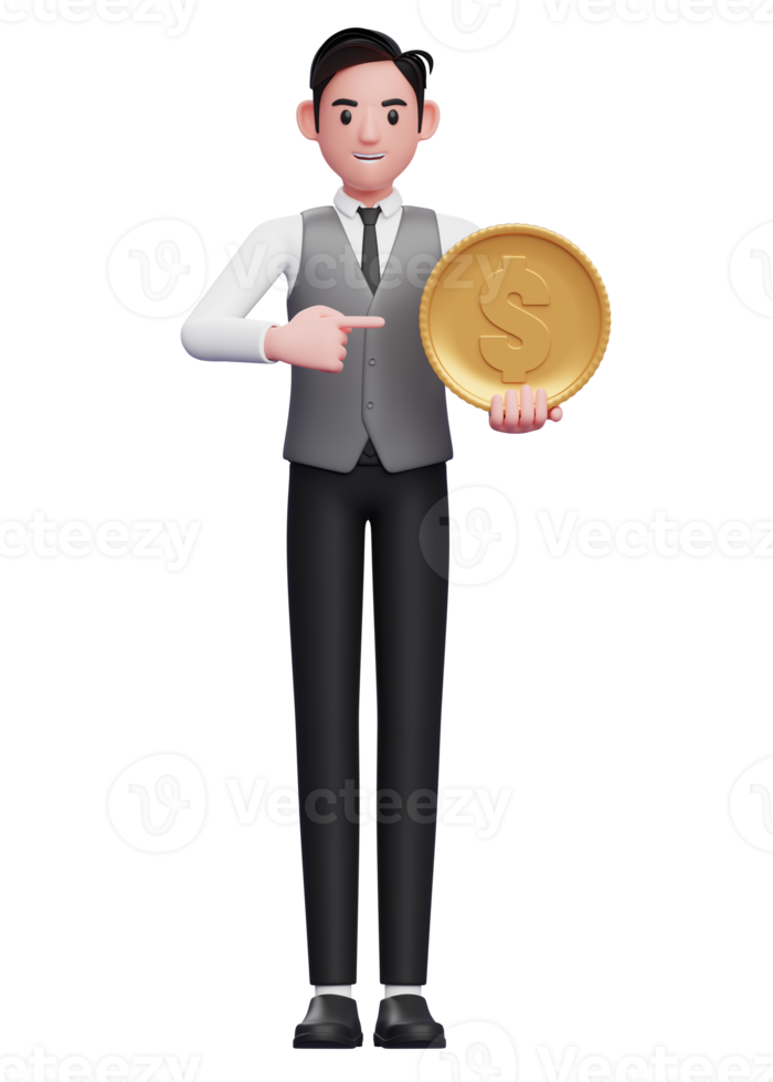 businessman in grey vest pointing coin, 3d illustration of a businessman in grey vest holding dollar coin png