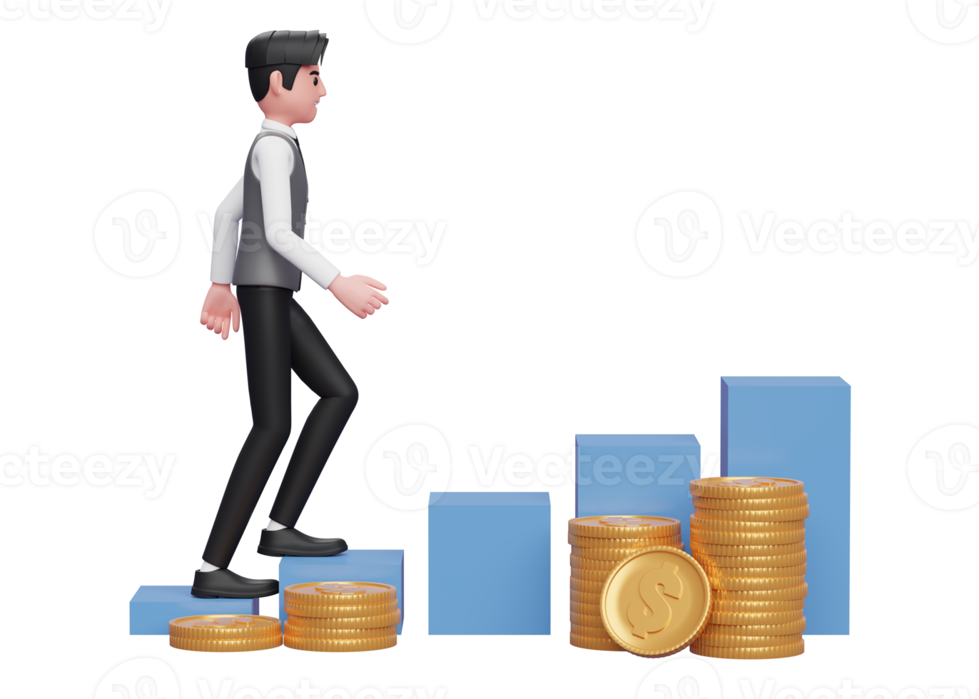 businessman in gray vest walking on stock chart with gold coin pile ornament, 3d rendering of business investment concept png