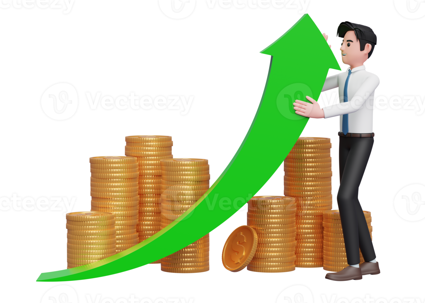 businessman in white shirt and blue tie deflect green arrow up with gold coin pile ornament, 3d rendering of business investment concept png