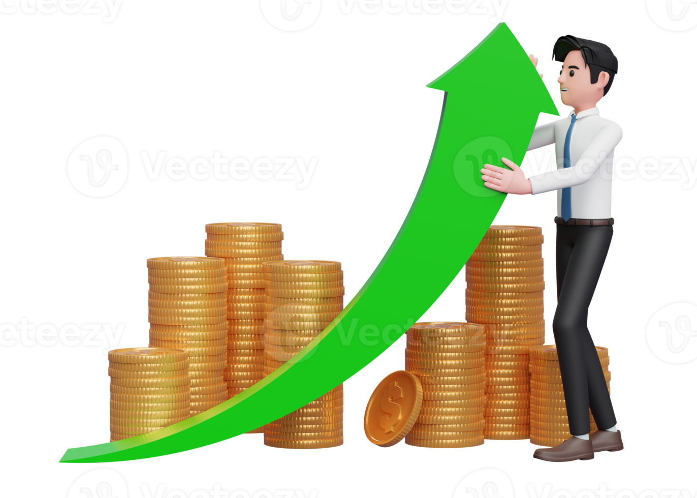 zakenman in wit overhemd en blauw stropdas afbuigen groen pijl omhoog met goud munt stapel ornament, 3d renderen van bedrijf investering concept png