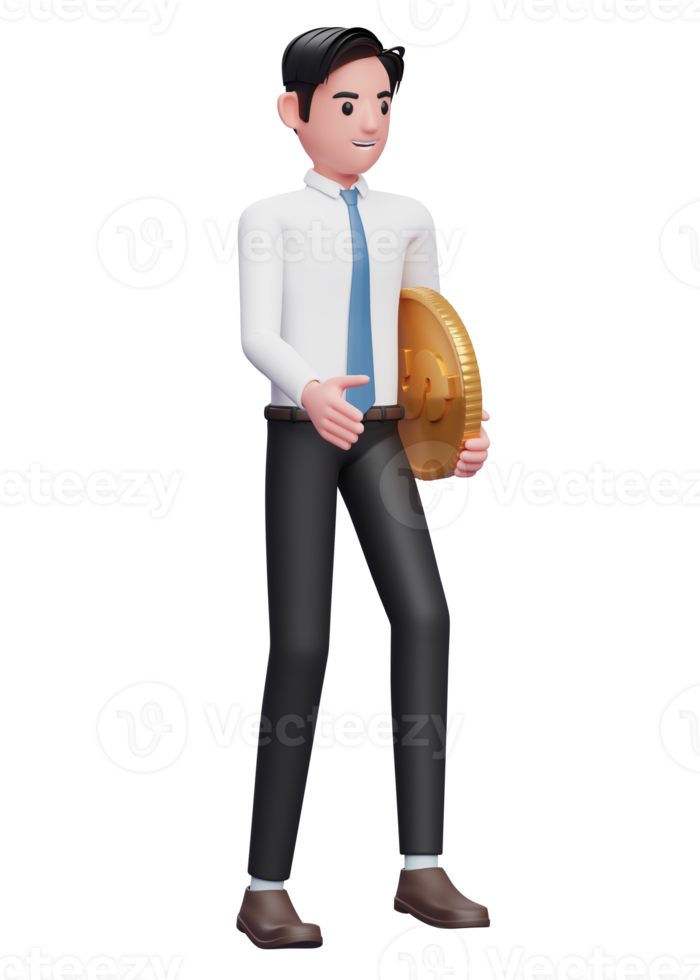 businessman in white shirt blue tie walking while carrying coins, 3d illustration of a businessman in white shirt holding dollar coin png