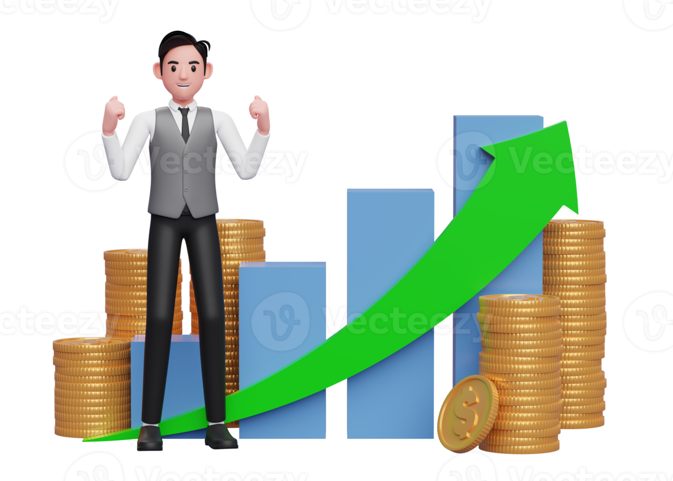 businessman in grey vest celebrating with clenched fists in front of positive growing bar chart with coin ornament, 3d rendering of business investment concept png