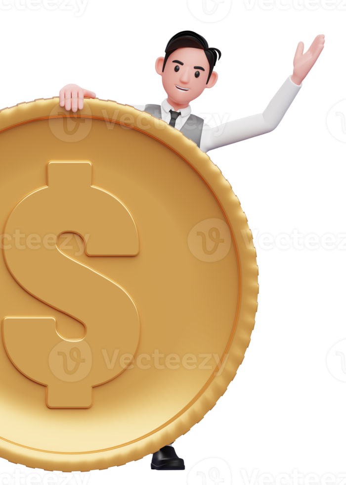 businessman in grey vest Peek behind the big coin, 3d illustration of a businessman in grey vest holding dollar coin png