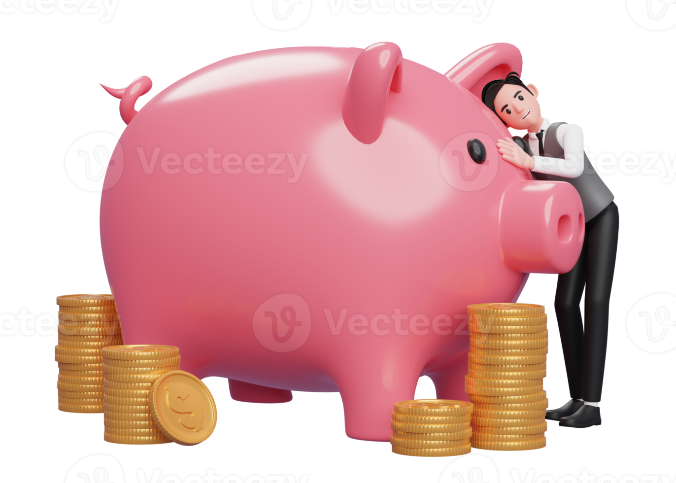 happy businessman in grey vest hugging big piggy bank, 3d rendering of business investment concept png