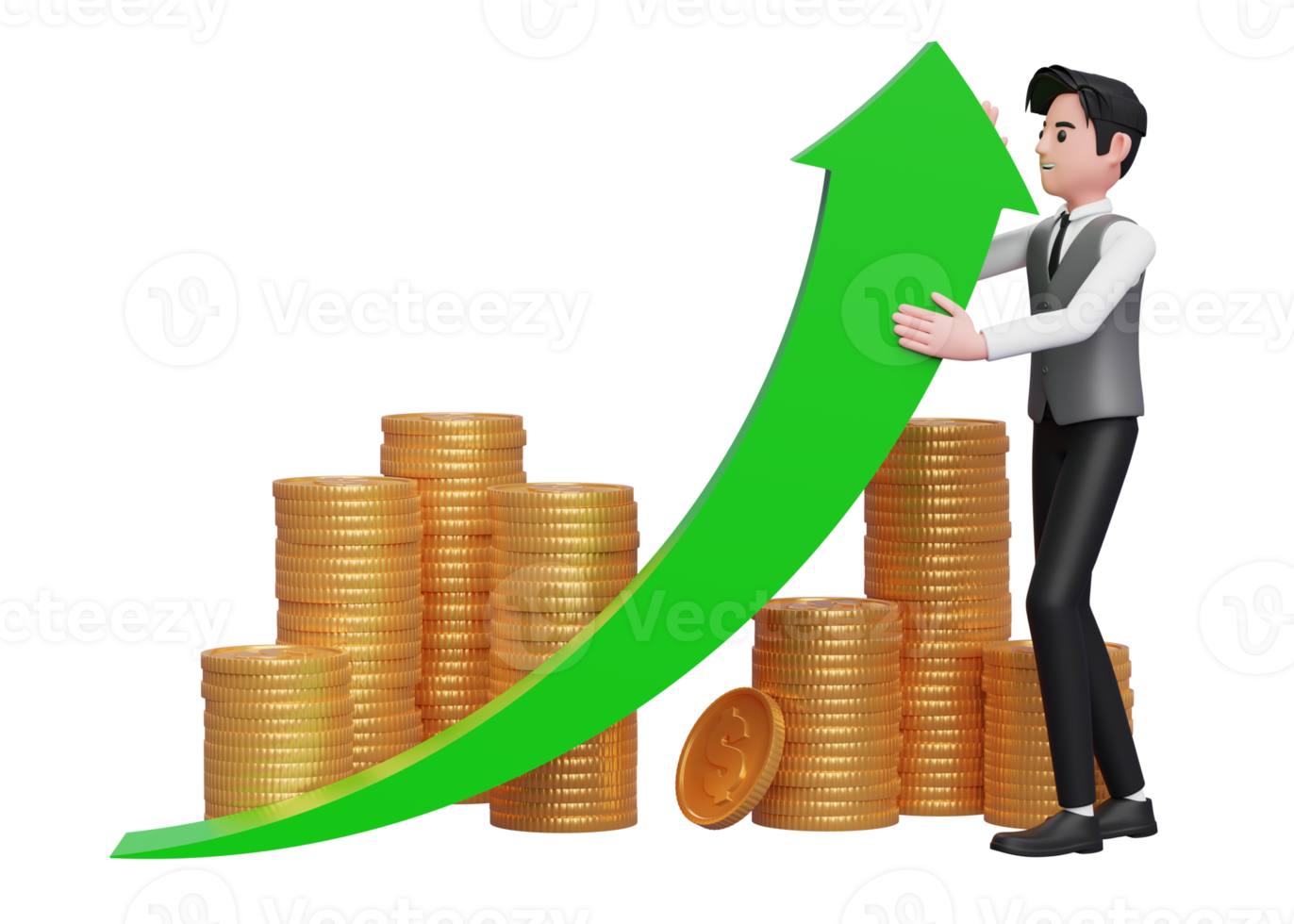 homme d'affaires en gilet gris essayant d'élever la flèche verte vers le haut, sur fond d'ornement de pile de pièces d'or, rendu 3d du concept d'investissement commercial png