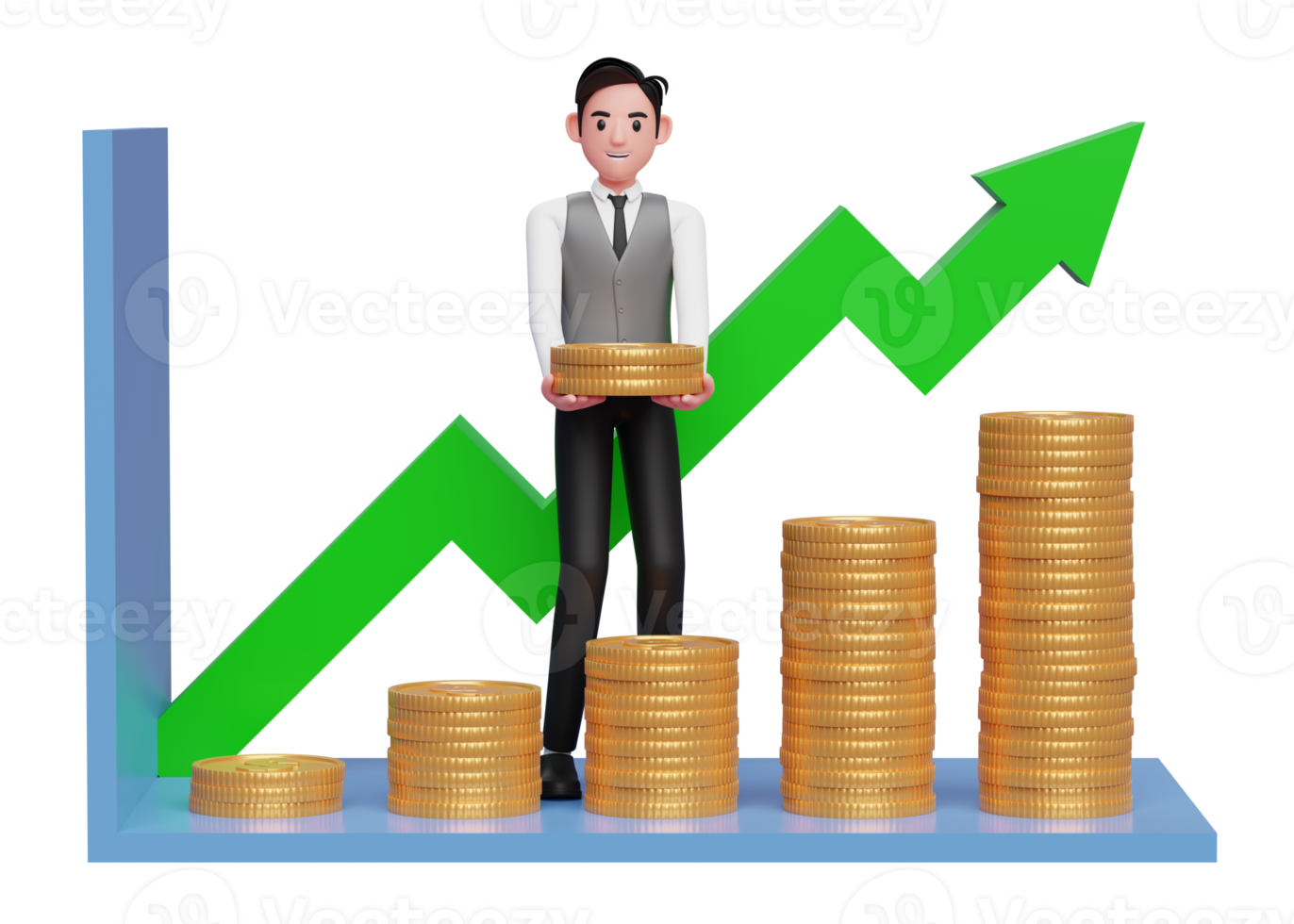 businessman in grey vest making statistical bar chart with pile of gold coins, 3d rendering of business investment concept png