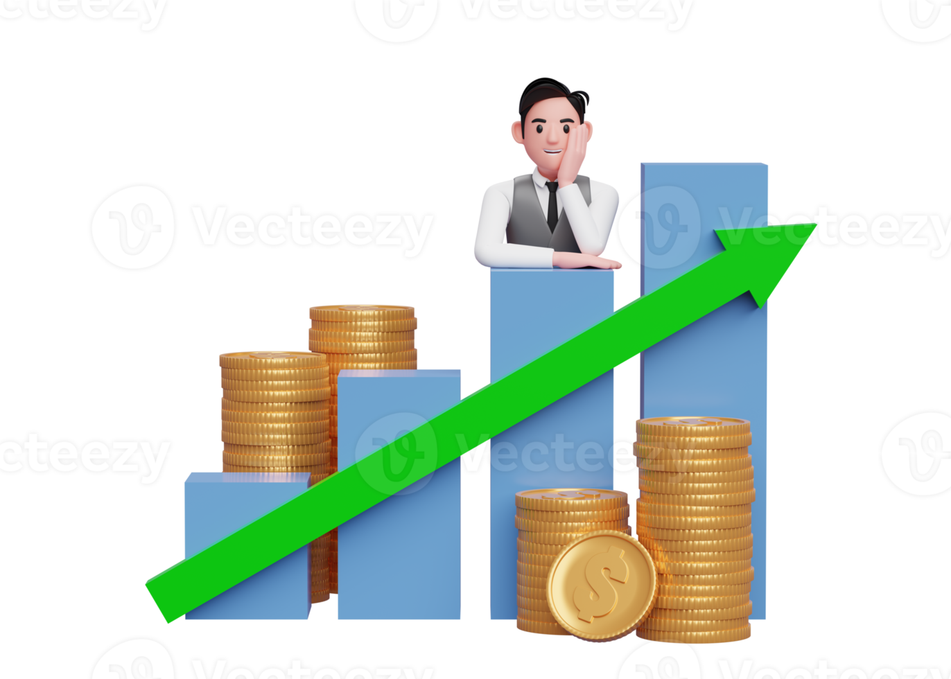 Homme d'affaires 3d en gilet gris mettant son menton dans la main tout en s'appuyant sur la croissance des stocks de graphique à barres avec la flèche des statistiques du graphique vers le haut png