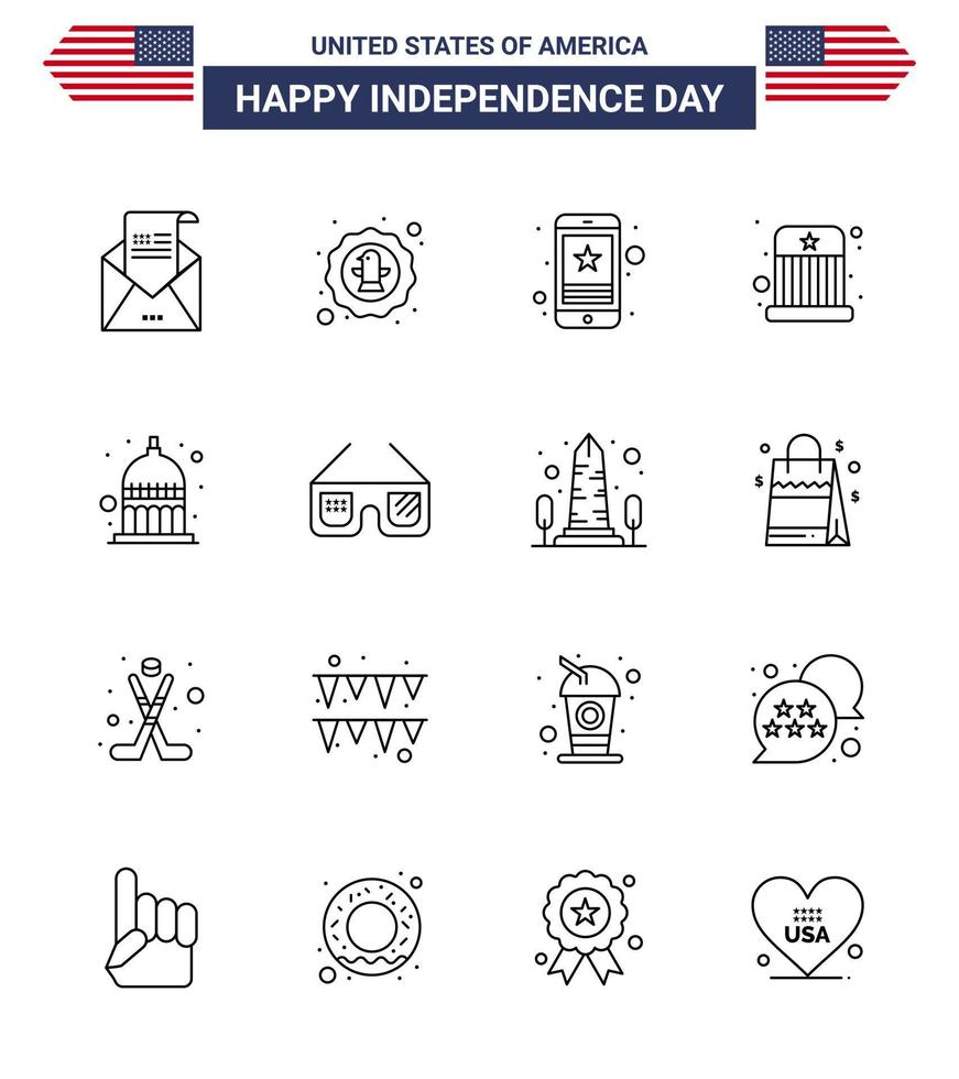 Pack of 16 creative USA Independence Day related Lines of kids circus eagle phone smart phone Editable USA Day Vector Design Elements