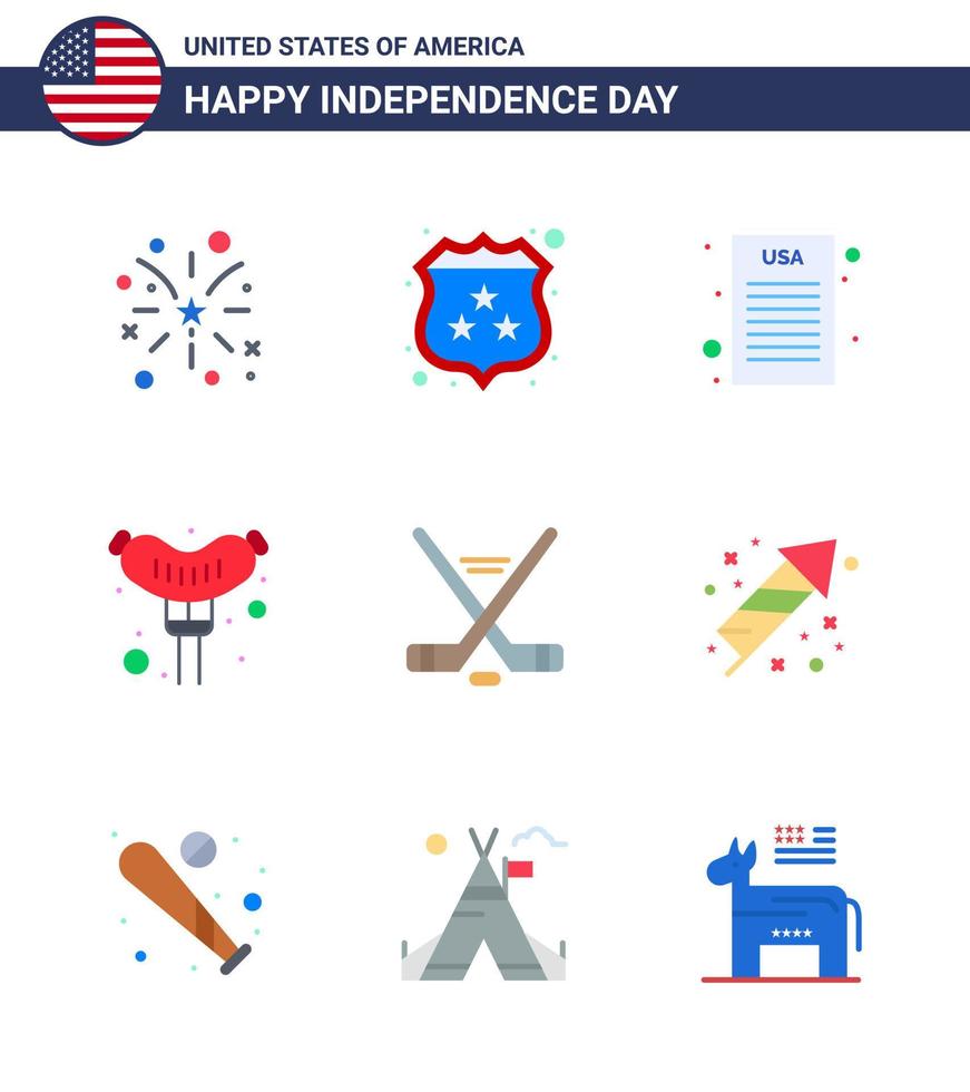 conjunto de 9 pisos vectoriales el 4 de julio, día de la independencia de estados unidos, como la declaración del deporte de hielo estadounidense, hokey frankfurter, elementos de diseño vectorial editables del día de estados unidos vector