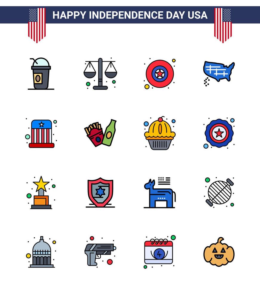 paquete grande de 16 estados unidos feliz día de la independencia líneas planas llenas de vector de estados unidos y símbolos editables de niños insignia de circo estados unidos elementos de diseño de vector de día de estados unidos editables