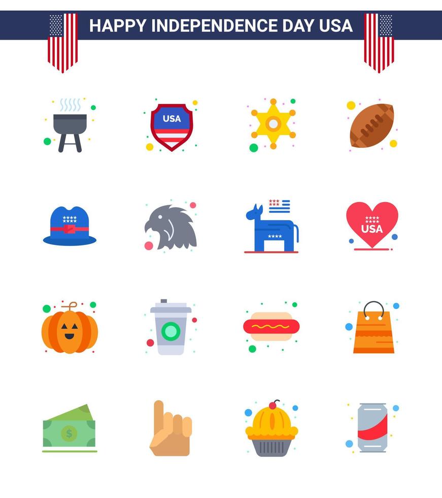 paquete de 16 letreros planos de celebración del día de la independencia de EE. UU. Y símbolos del 4 de julio, como la policía de sombrero americano, pelota americana de rugby, elementos de diseño vectorial editables del día de EE. UU. vector