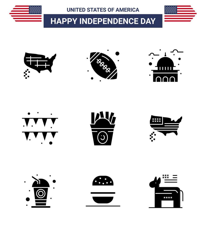 Set of 9 Vector Solid Glyphs on 4th July USA Independence Day such as fastfood paper building garland white Editable USA Day Vector Design Elements