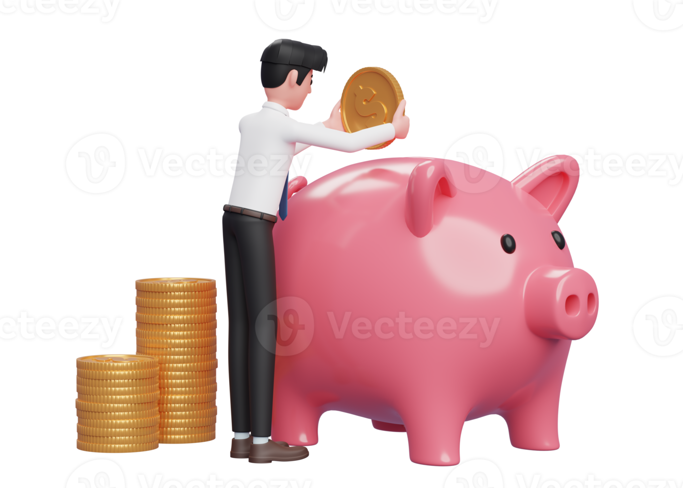 businessman carefully keeps gold coins in pink piggy bank, 3d rendering of business investment concept png