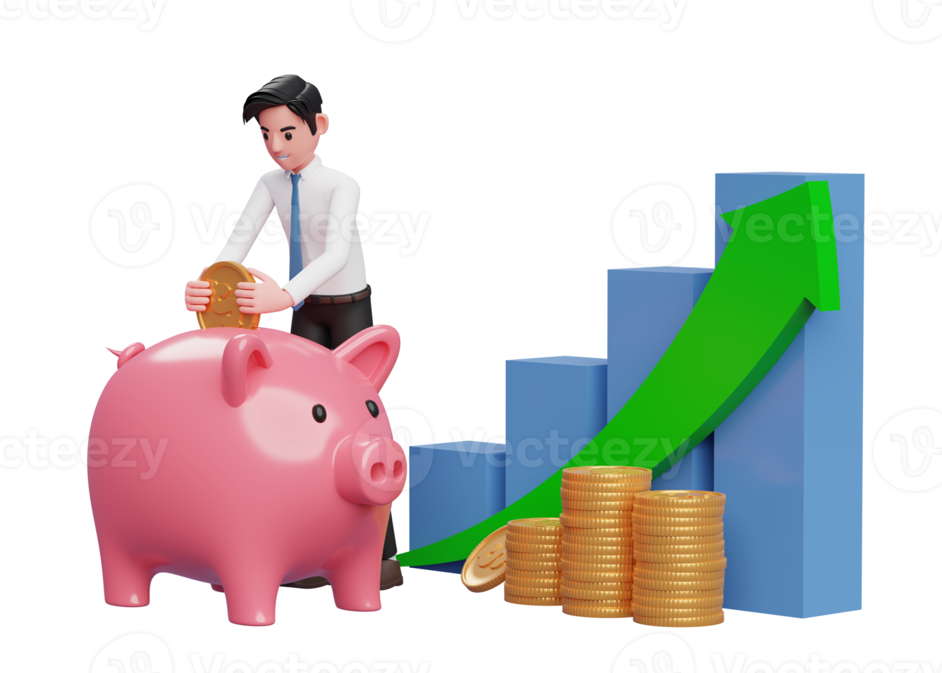 businessman saving gold coins into piggy bank with bar chart and green arrow up, 3d rendering of business investment concept png