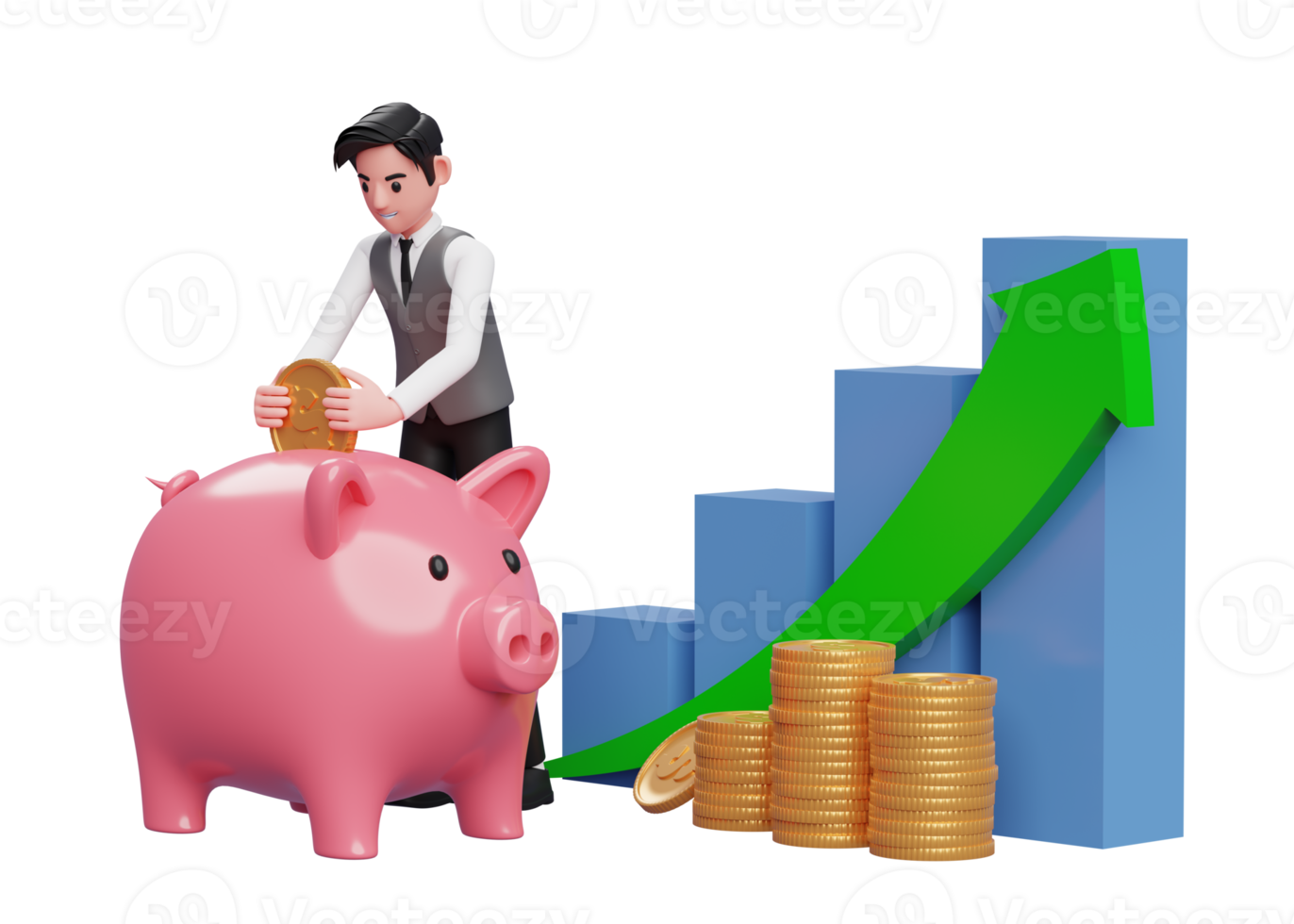 businessman saving gold coins into piggy bank with bar chart and green arrow up, 3d rendering of business investment concept png