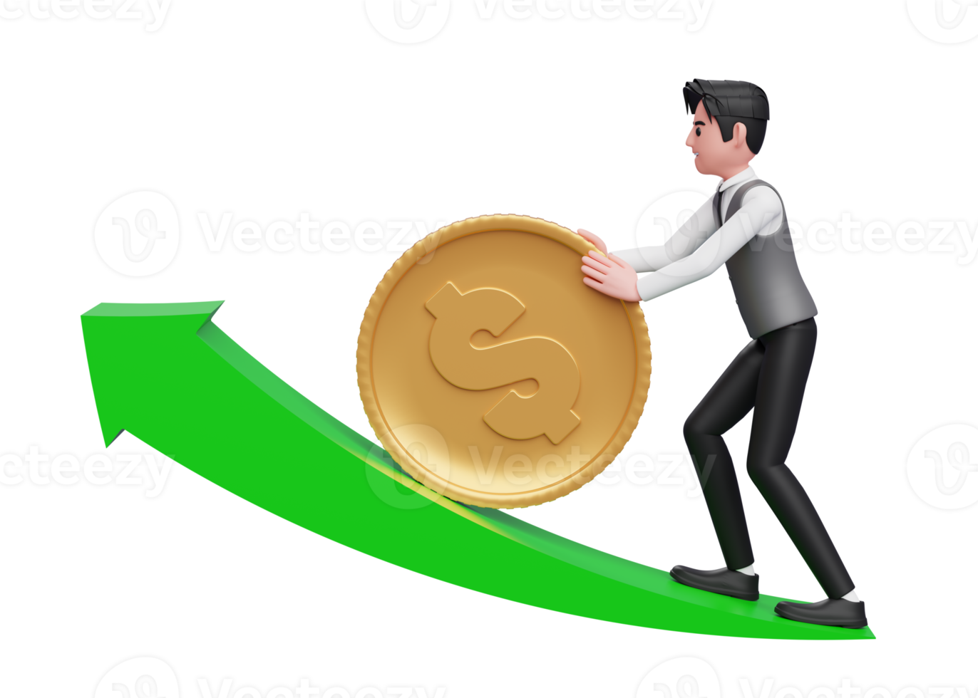 businessman in grey vest pushing dollar gold coin up growing green arrow, 3d rendering of business investment concept png