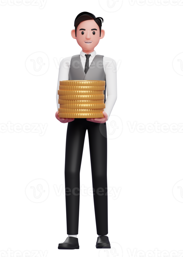 Geschäftsmann in grauer Weste trägt Haufen von Goldmünzen, 3D-Darstellung eines Geschäftsmanns in grauer Weste mit Dollarmünze png