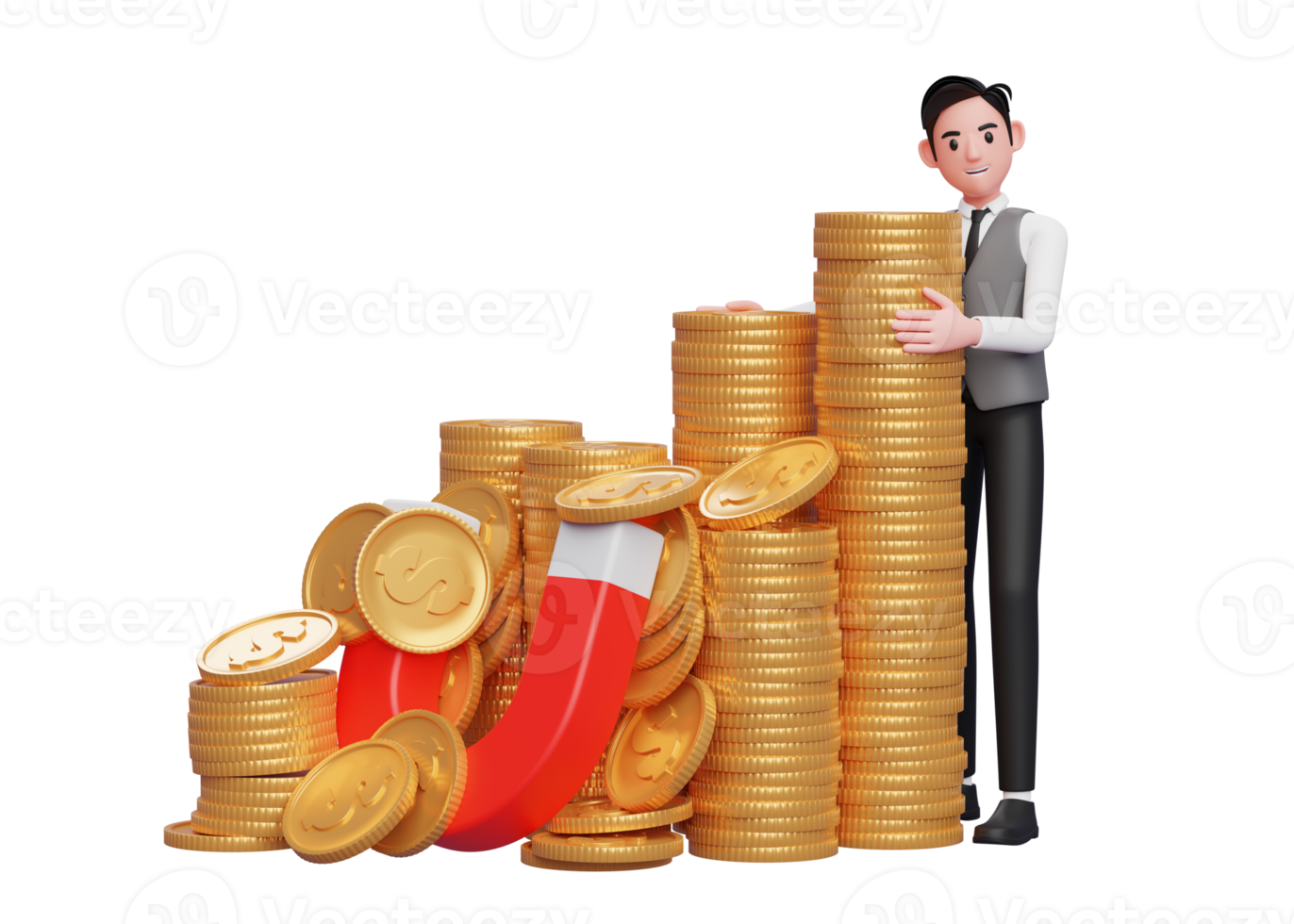 businessman in grey vest standing hugging pile of gold coins caught by magnet, 3d rendering of business investment concept png