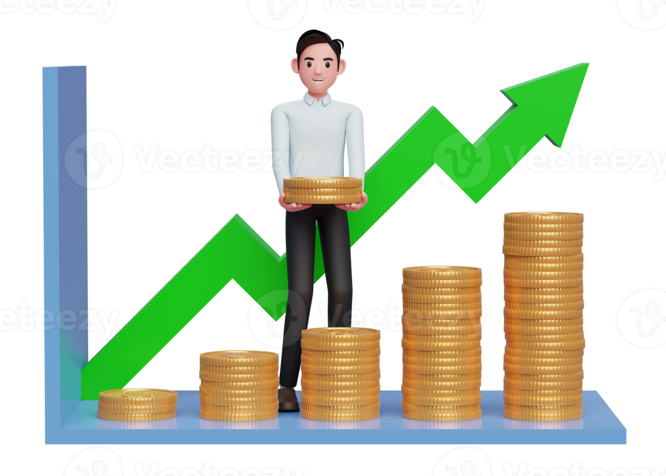 uomo d'affari nel blu vestito fabbricazione statistico bar grafico con mucchio di oro monete png