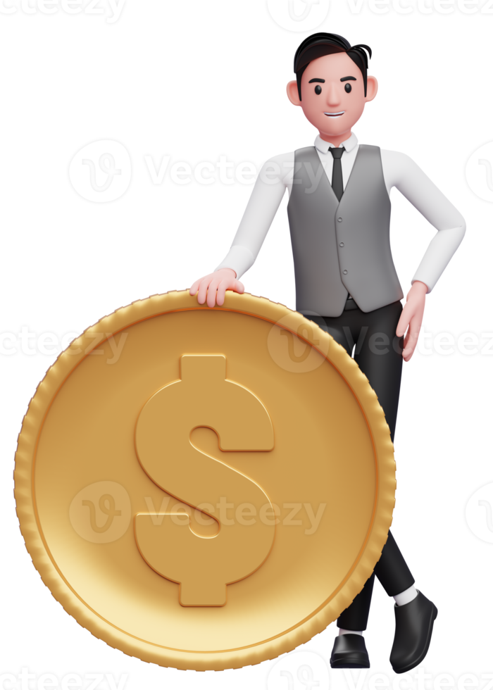 zakenman in grijs hesje staand met poten gekruiste en Holding munt, 3d illustratie van een zakenman in grijs hesje Holding dollar munt png