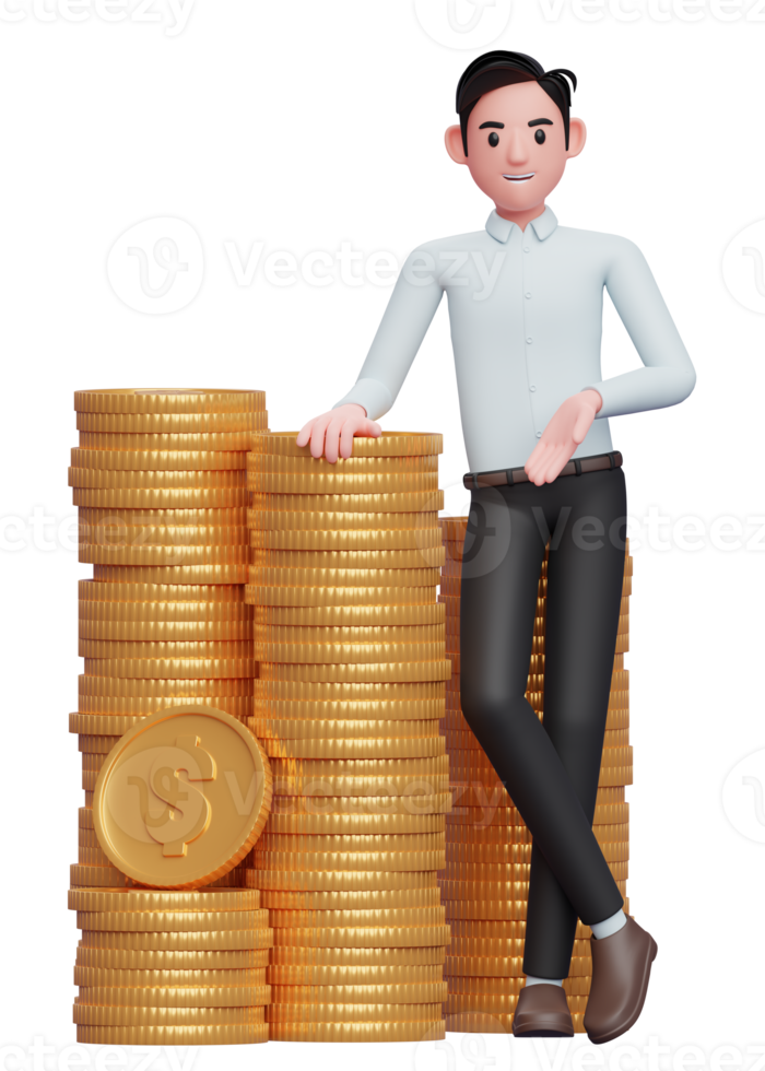 businessman in a blue shirt standing with crossed legs and leaning on pile of coins png