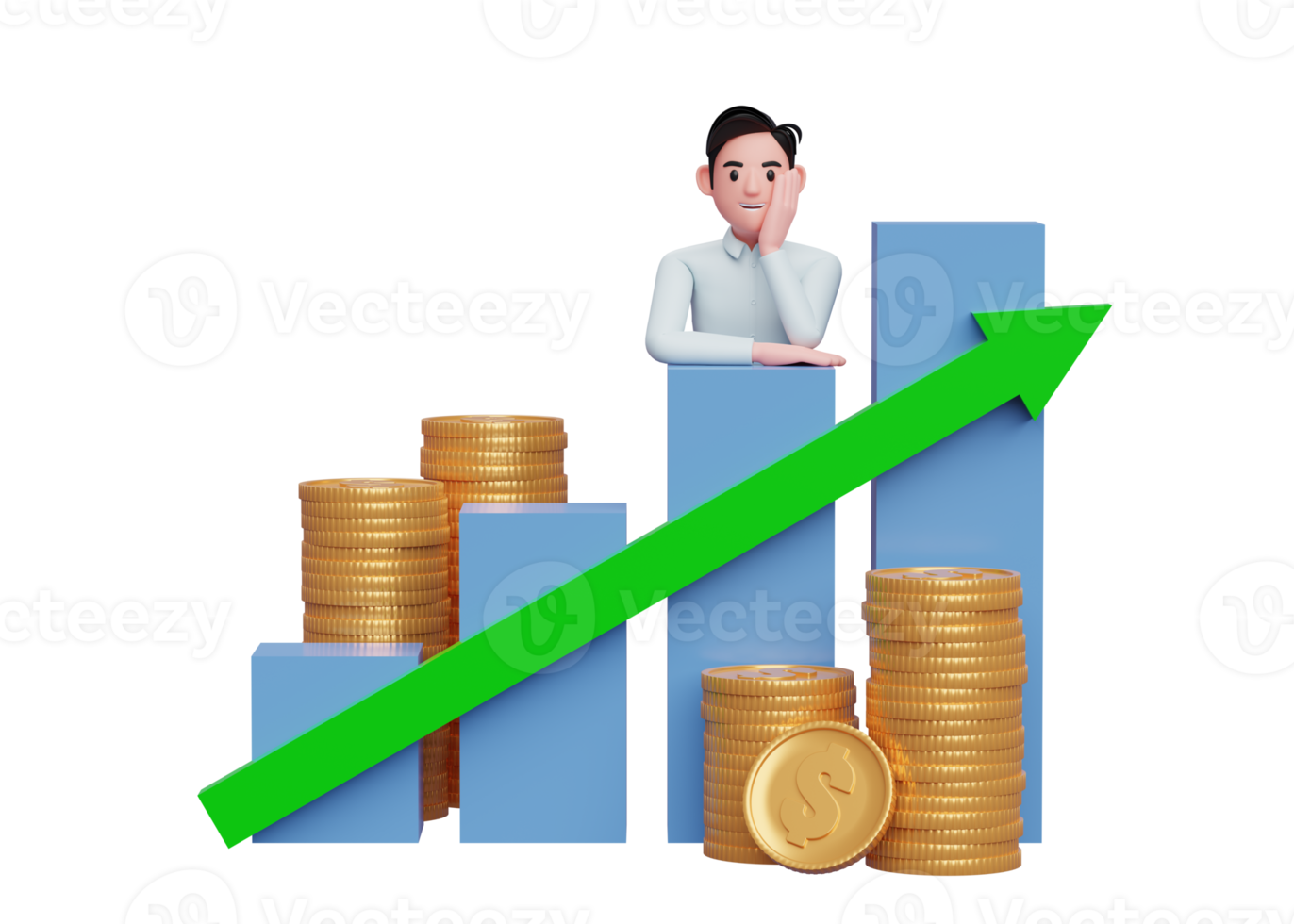 homme d'affaires en chemise bleue mettant son menton dans la main tout en s'appuyant sur la croissance des stocks de graphique à barres avec la flèche des statistiques du graphique vers le haut png