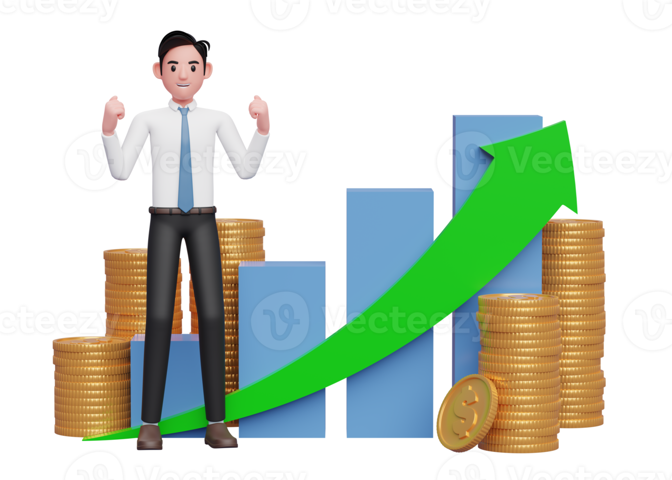 zakenman in wit overhemd blauw stropdas vieren met gebalde vuisten in voorkant van positief groeit bar tabel met munt ornament, 3d renderen van bedrijf investering concept png