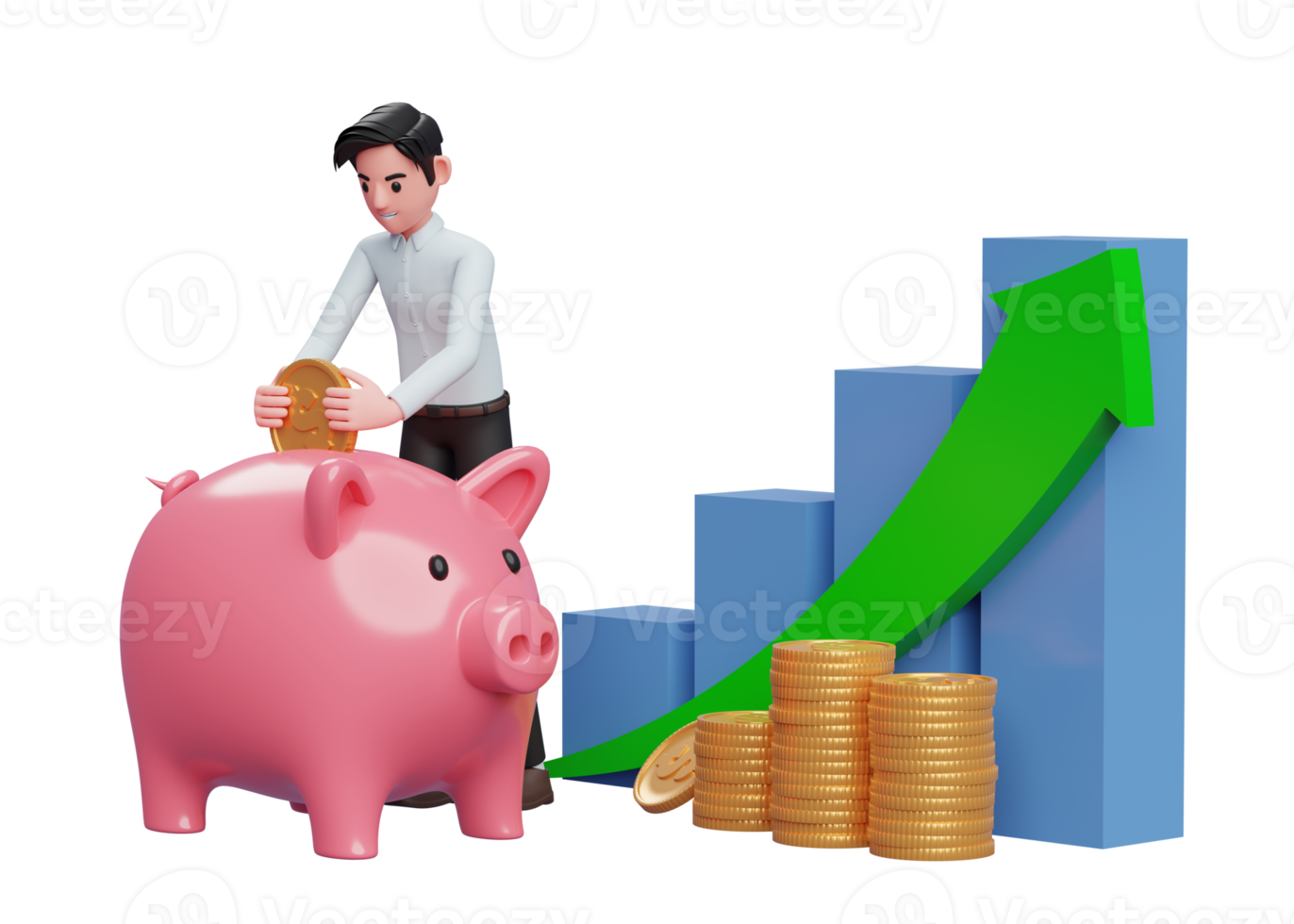 smart pojke i blå klänning sparande guld mynt in i nasse Bank med bar Diagram och grön pil upp png