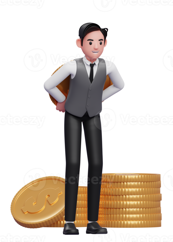 businessman in grey vest carrying a giant coin on his back, 3d illustration of a businessman in grey vest holding dollar coin png