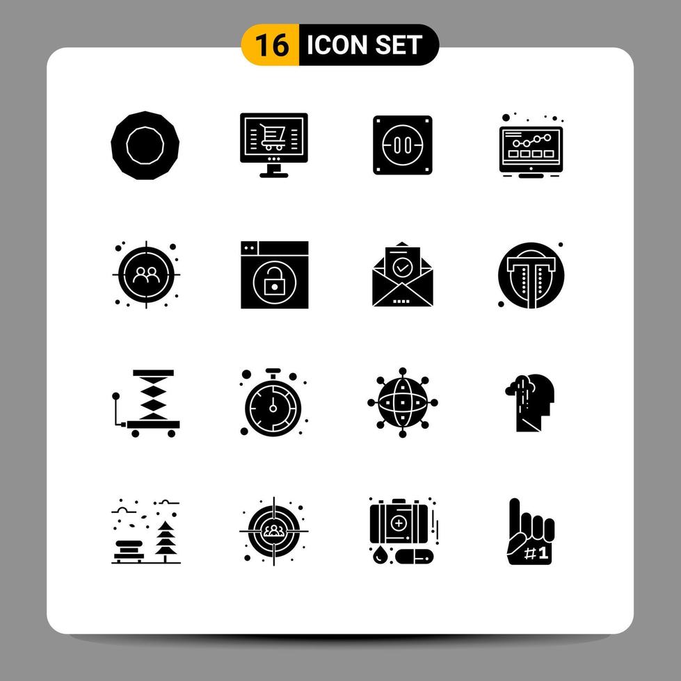 User Interface Pack of 16 Basic Solid Glyphs of web target socket target seo Editable Vector Design Elements